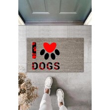 Dijital Baskı Gri Kırmızı Kalpli Patili I Love Dogs Dekoratif Kapı Paspası K-2076