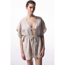 Taş Rengi Jambo Müslin V Yaka Mini Oversize Kaftan