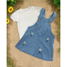 Papatya Nakışlı Kalp Desenli Kot Görünümlü Pamuklu 2li Salopet