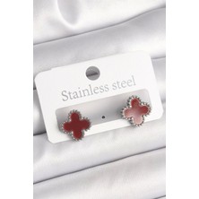 Pirinç Gümüş Renk Bordo Yonca Model Kadın Küpe