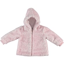 Kız Bebek Kapüşonlu Fermuarlı Pembe Beyaz Leopar Desenli Peluş Mont - Hırka