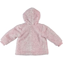 Kız Bebek Kapüşonlu Fermuarlı Pembe Beyaz Leopar Desenli Peluş Mont - Hırka
