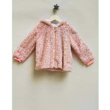 Kız Bebek Kapüşonlu Fermuarlı Pembe Beyaz Leopar Desenli Peluş Mont - Hırka