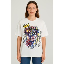 Kadın Oversize Baskılı Bol Geniş Kalıp Salaş Kesim T-Shirt