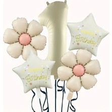 Krem Papatya 1 Yaş Happy Birthday Yıldız Rakam Folyo Balon Set