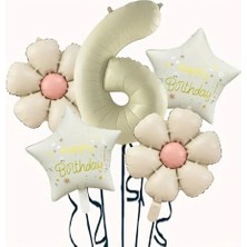Krem Papatya 6 Yaş Happy Birthday Yıldız Rakam Folyo Balon Set
