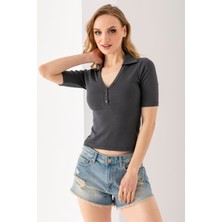 Kadın Polo Yaka Kısa Kollu Düğmeli Body Antrasit - MS0000561