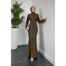 Frezya Yanı Taşlı Balık Abiye Haki