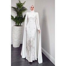 Farah Kolları Pelerinli Abiye Beyaz