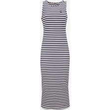 Jeep Bisiklet Yaka Çizgili Beyaz - Lacivert Midi Kadın Elbise J5SL-ELB7179