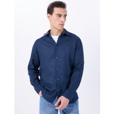 Lacivert Erkek Relaxed Fit Nakışlı %100 Keten Gömlek M5WM- GML1557