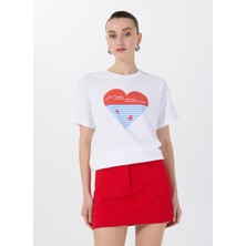 Fabrika Bisiklet Yaka Baskılı Beyaz Kadın T-Shirt F5SL-TST0426