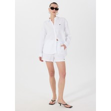 Kırık Beyaz Kadın Normal Kalıp Nakışlı %100 Keten Şort M5SL-SRT1723