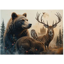 Bedeko Ormanda Ayı Geyik ve Baykuş Mdf Tablo