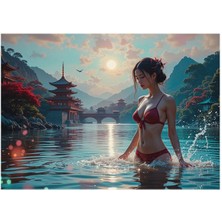 Bedeko Tapınak Manzaralı Nehirde Güzel Kadın Mdf Tablo