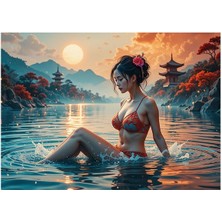 Bedeko Nehirde Oturan Güzel Kadın Ahşap Tablo