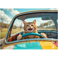 Bedeko Direksiyon Başında Kedi Ahşap Tablo