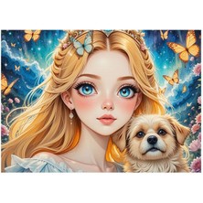 Bedeko Mavi Gözlü Kız Köpek ve Kelebekler Mdf Tablo