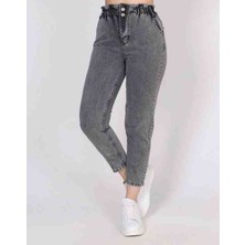 Gri Beli Lastikli Mom Kot Pantolon