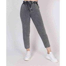 Gri Beli Lastikli Mom Kot Pantolon