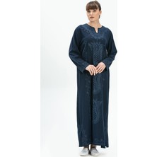 Uzun Kol Şile Bezi Simli Kaftan Midi Boy Yazlık Elbise Lacivert Lcvt