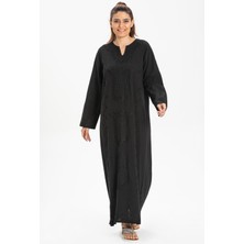 Uzun Kol Şile Bezi Simli Kaftan Midi Boy Yazlık Elbise Siyah Syh