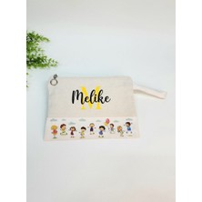 Happy Mountains Isme Özel Kişiye Özel Sevimli Çocuk Figürlü Baskılı Clutch Kadın Bez Çanta Bez Makyaj Çantası