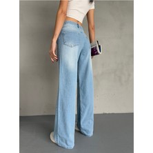 Kadın Yüksek Bel Soluk Efektli Vintage Palazzo Jeans