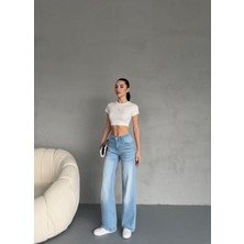 Kadın Yüksek Bel Soluk Efektli Vintage Palazzo Jeans