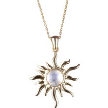 Kambo Doğal Aytaşı Taşlı Gümüş Kolye, Altın Kaplama Güneş Süsleme, Şık El Yapımı Takı