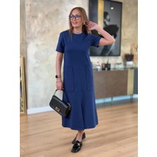 Veraura Lifestyle Kadın Kısa Kollu Bisiklet Yakalı Cepli Önden Yırtmaçlı Viskon Iki Iplik Midi Elbise