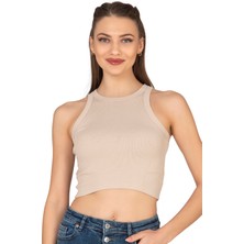 Özkan 27425 Kadın Pamuklu Kaşkorse Fitilli Halter Yaka Esnek Rahat Geniş Biyeli Crop Atlet Büstiyer