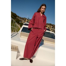 Kadın Bordo Bol Kollu Oversize Gömlek Beli Büzgülü Bol Paça Pantolon Takım