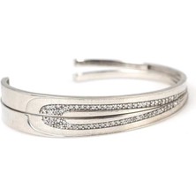 Nusret Takı 925 Ayar Gümüş Beyaz Taşlı Beyaz Renk Çiftli Astar Bilezik