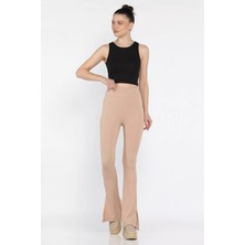 Gülseli Kadın Ispanyol Paça Yırtmaç Detaylı Yüksek Bel Fitilli Tayt