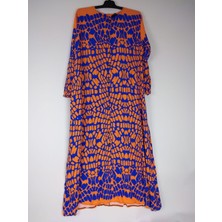 Kadın Turuncu Mavi Bisiklet Yaka Uzun Kollu Kol Bilek Lastikli Yazlık Viskon Uzun Anne Elbise 2 cm Suya Çeker