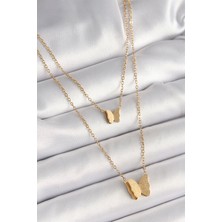 Gold Renk 2'li Simli Kelebek Model Kadın Kolye - EBJ250412W32655