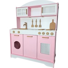 Hedefixtoys Küçük Şef Pembe Ahşap Oyuncak Mutfak 12 Parça Servis Setli LED Eğitici Oyuncak