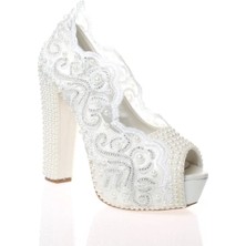 Ersefa Kadın Beyaz Sedef İnci Taş İşlemeli Gelin Ayakkabı Kadın Topuklu Abiye Ayakkabı Şık Gece Ayakkabısı