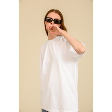 Guaraz Kadın Beyaz Oversize Bisiklet Yaka %100 Pamuk Düz Basic Yazlık T-Shirt