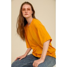 Guaraz Kadın Hardal/Sarı Oversize Bisiklet Yaka %100 Pamuk Düz Basic Yazlık T-Shirt