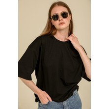 Guaraz Kadın Siyah Oversize Bisiklet Yaka %100 Pamuk Düz Basic Yazlık T-Shirt