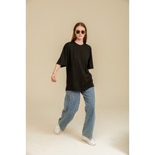 Guaraz Kadın Siyah Oversize Bisiklet Yaka %100 Pamuk Düz Basic Yazlık T-Shirt