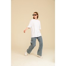 Guaraz Kadın Beyaz Oversize Bisiklet Yaka %100 Pamuk Düz Basic Yazlık T-Shirt