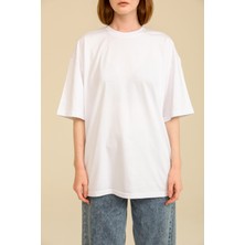 Guaraz Kadın Beyaz Oversize Bisiklet Yaka %100 Pamuk Düz Basic Yazlık T-Shirt