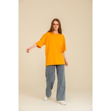 Guaraz Kadın Hardal/Sarı Oversize Bisiklet Yaka %100 Pamuk Düz Basic Yazlık T-Shirt