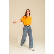 Guaraz Kadın Hardal/Sarı Oversize Bisiklet Yaka %100 Pamuk Düz Basic Yazlık T-Shirt