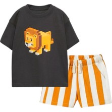 Erkek Çocuk 2d Çizim Aslan Karakter Baskılı T-Shirt Çizgili Şort 2 Parça Altüst Takım