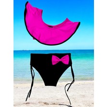 Lolli Boom Kids Kız Çocuk Tek Omuz Yarım Kol Fiyonklu Bağlamalı Bikini Takımı Fuşya Renk