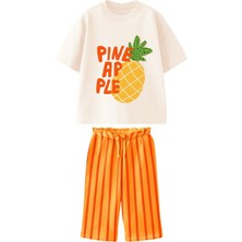 Kız Çocuk Pineapple - Ananas Baskı Detaylı Müslin Kumaş Jogger Pantolonlu Nakışlı Trend Altüst Takım
